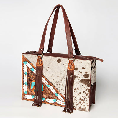 American Darling Tote Handbag ADBGZ201D with leather fringe and cowhide print, 12x18x6 dimensions.