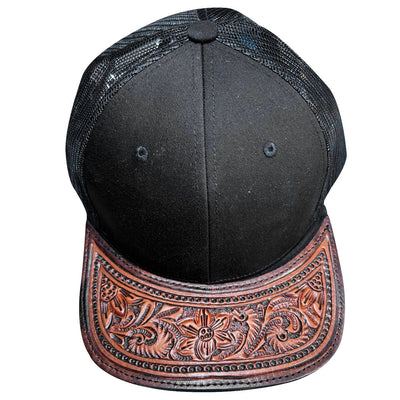 Black mesh American Darling cap with intricately carved brown leather brim featuring floral designs