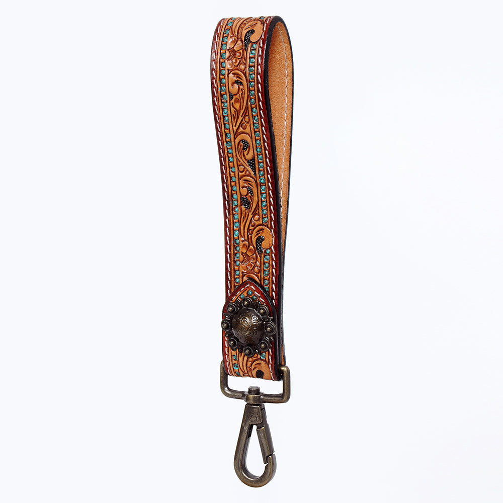 American Darling Lanyard with western-inspired floral leather design and metal clip for secure essentials.