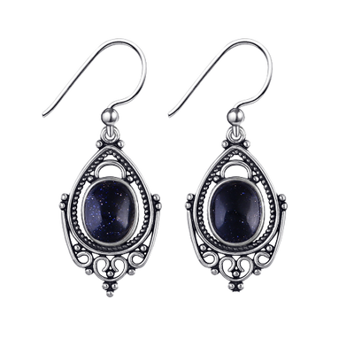 925 Sterling Silver Hand Crafted Blue Goldstone Drop Dangle Earrings Designed Elegance Delicate Hand Made