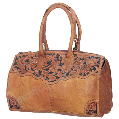Golden tan leather with hand carved features on elegant tote