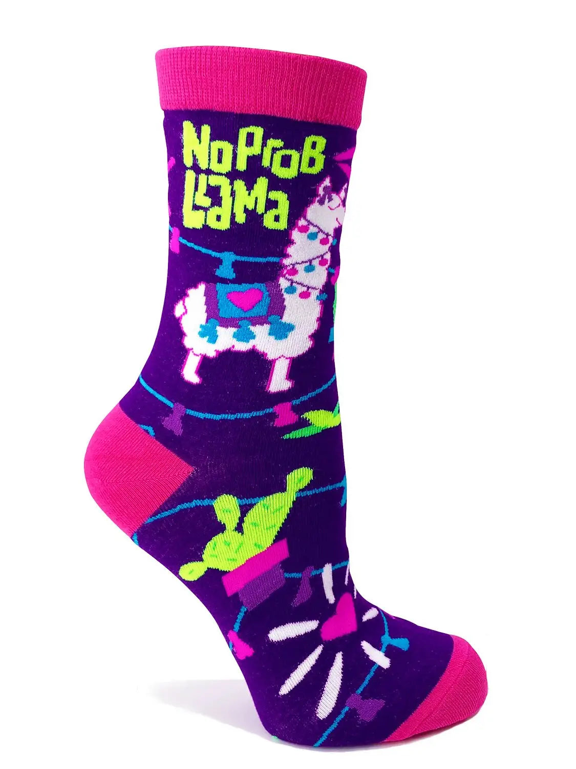 No Prob Llama women's crew socks with vibrant llama design and pink accents, soft cotton blend, breathable and machine washable.