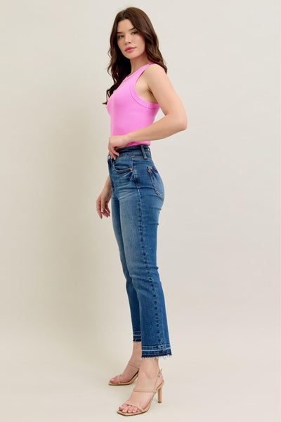 High-rise Judy Blue Jeans 88981 with vintage wash and kick flare silhouette.