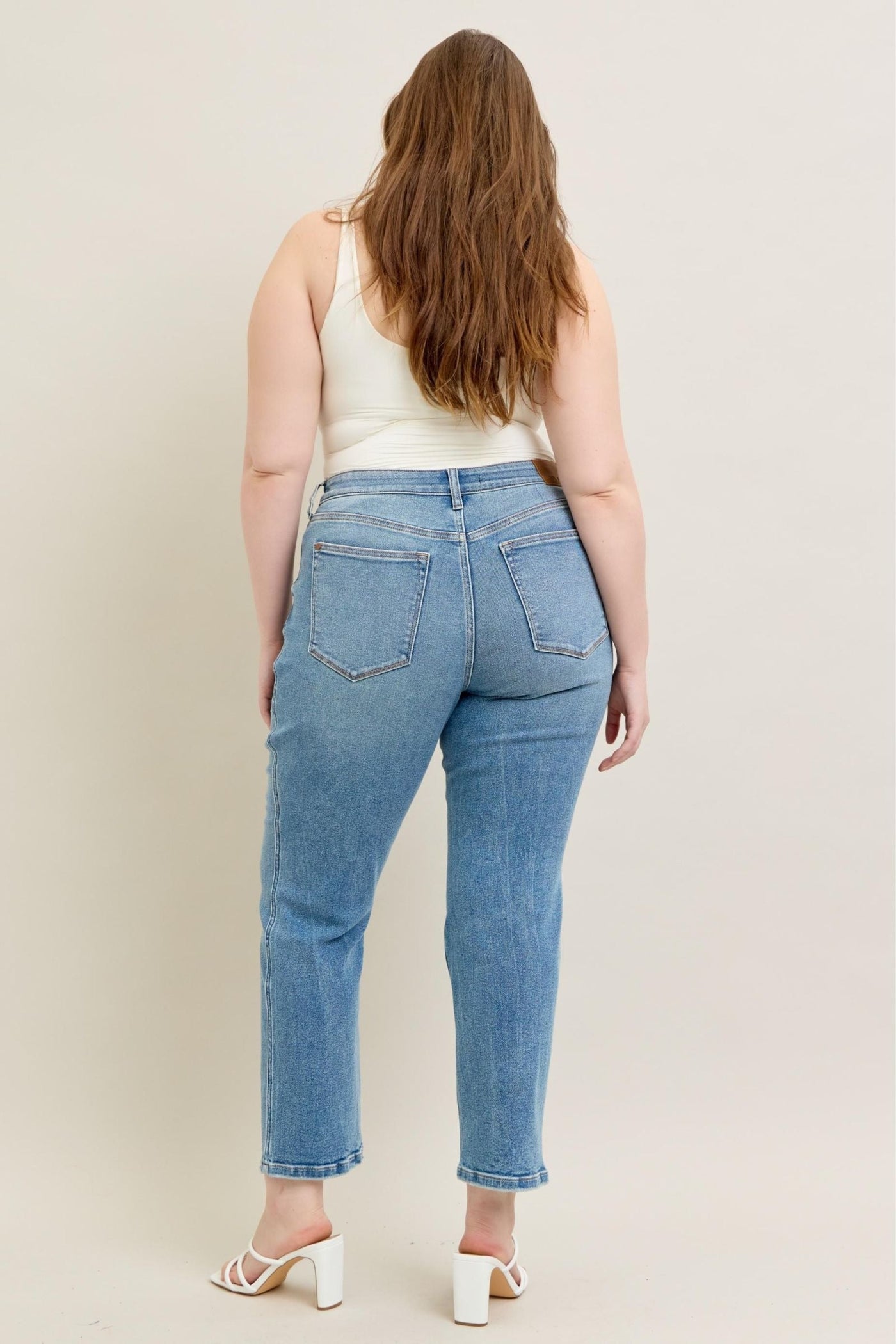 High Waist Vintage Straight Jeans - plus size, back view, light blue wash.
