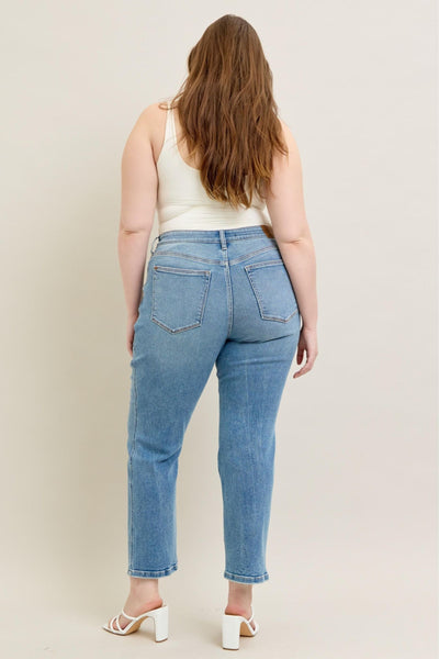 High Waist Vintage Straight Jeans - plus size, back view, light blue wash.