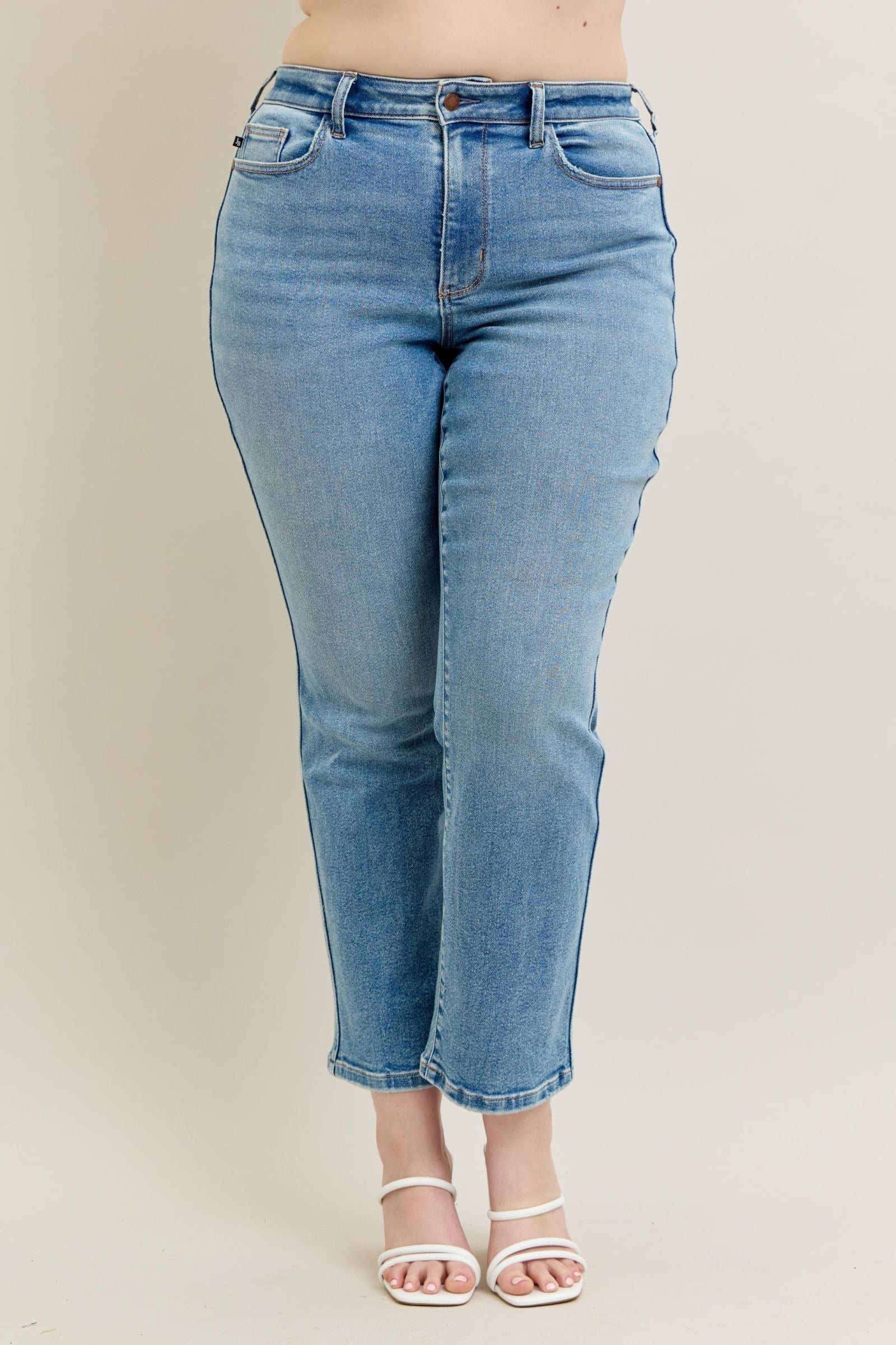 High Waist Vintage Straight Jeans by Judy Blue in light denim with a flattering fit.