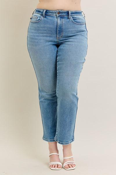High Waist Vintage Straight Jeans by Judy Blue in light denim with a flattering fit.