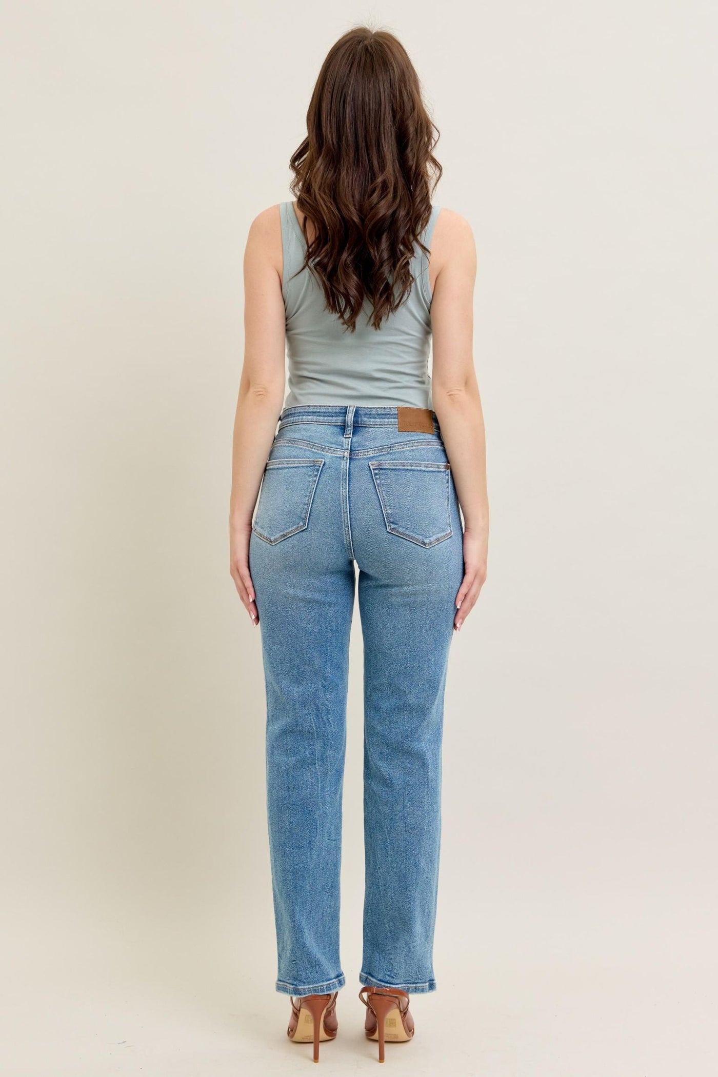 High Waist Vintage Straight Jeans in blue denim, back view showing clean straight leg styling.