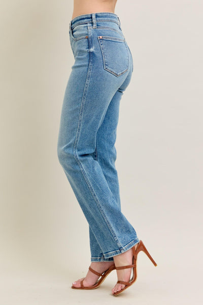 High waist vintage straight jeans with high-rise fit and vintage wash, showcasing clean straight leg.