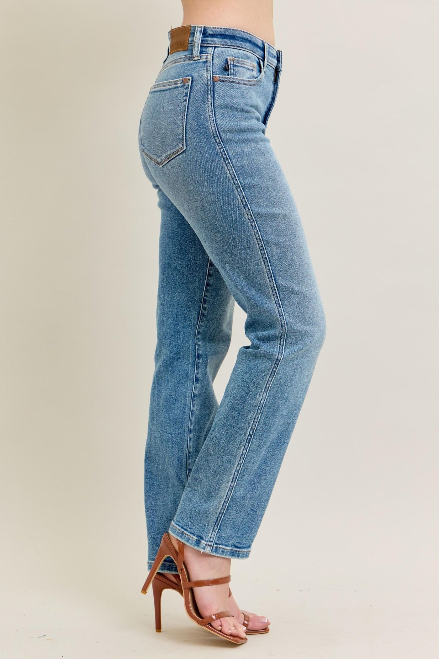 High waist vintage straight jeans with a clean straight leg style.