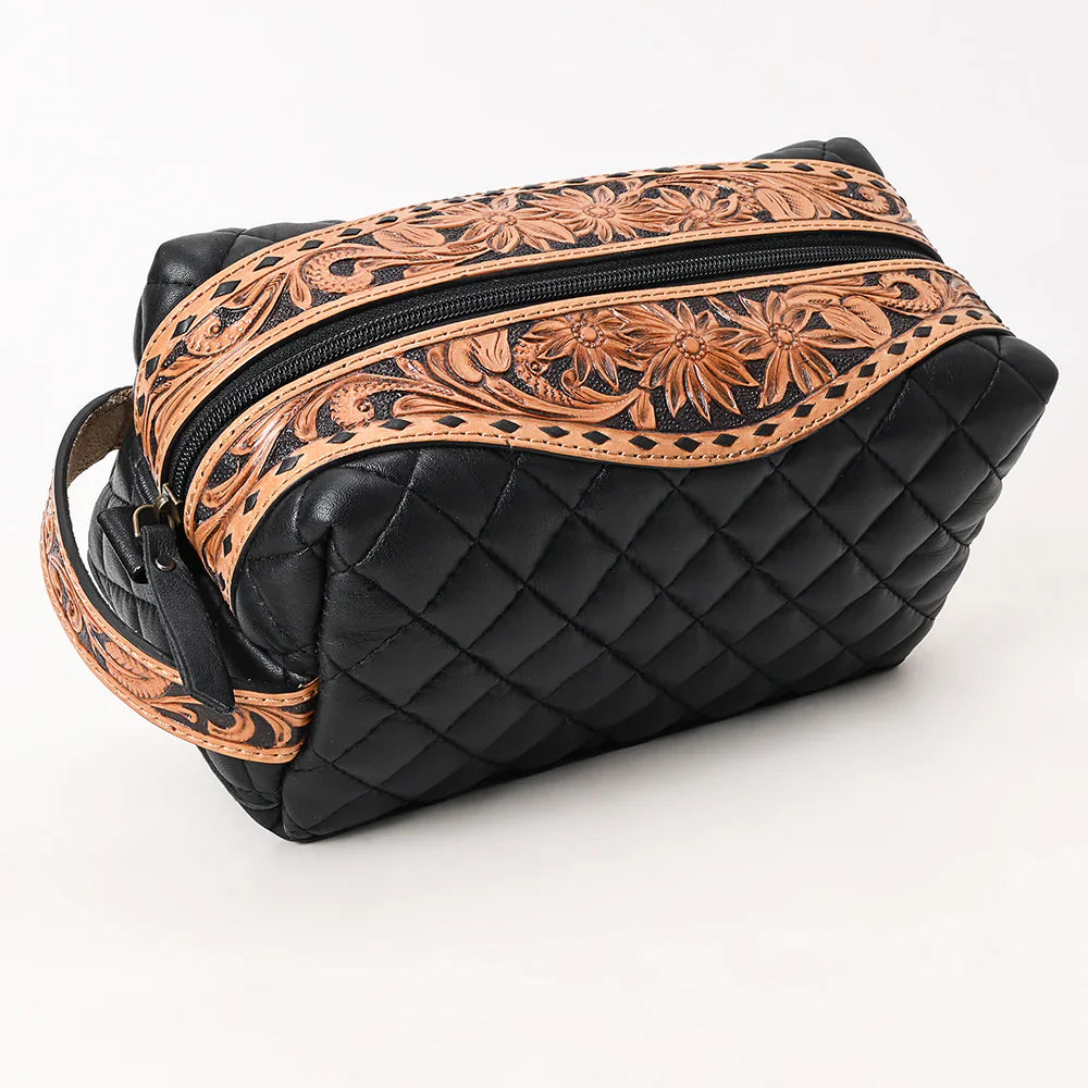 American Darling Toiletry Bag in black quilted leather with floral tooled leather accents and zipper closure