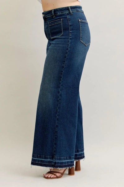 Judy Blue Jeans high waist palazzo wide-leg dark denim with front patch pockets and soft stretch fabric