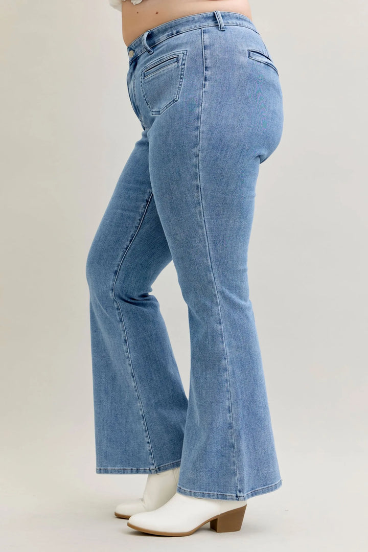 Judy Blue Jeans high-rise flare fit blue denim with front patch and welt pockets, made from soft stretch fabric.