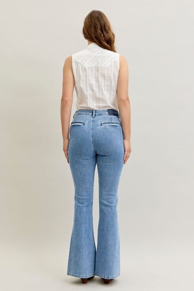 Women's Judy Blue Jeans high-rise flare fit light blue denim with back patch and welt pockets, shown from the rear