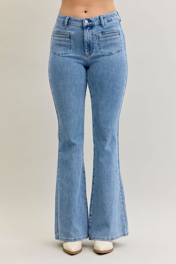 Judy Blue Jeans high-rise flare fit light blue denim with front patch and welt pockets in soft stretch fabric