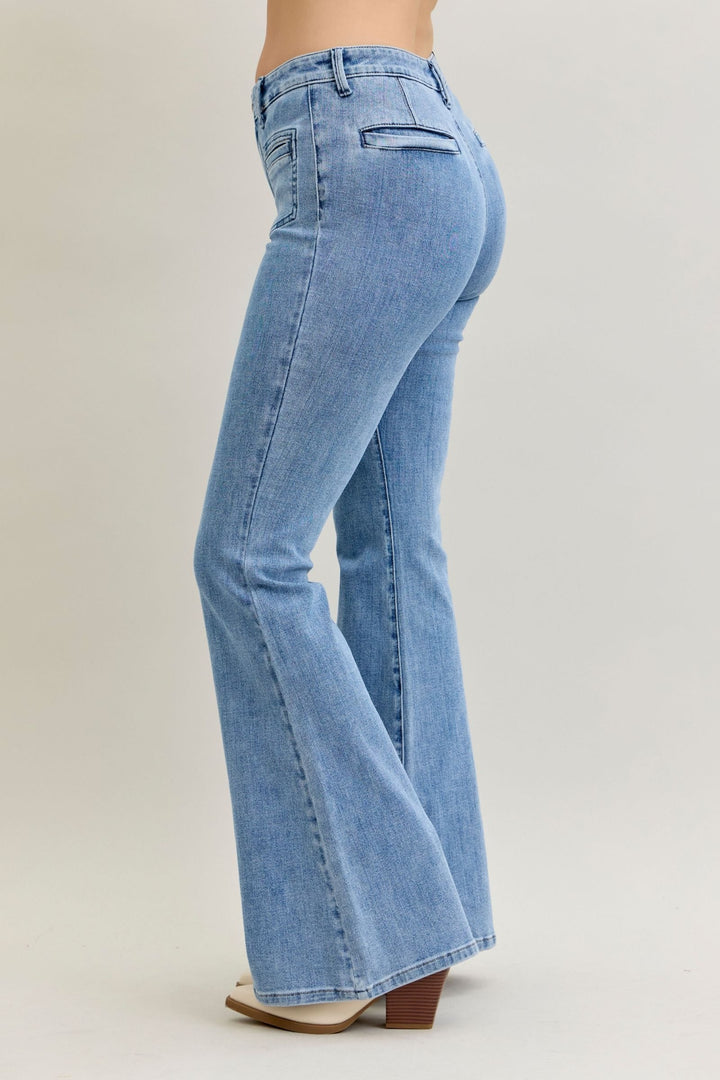 Judy Blue Jeans high-rise flare light wash denim with front patch and welt pockets in regular and plus sizes