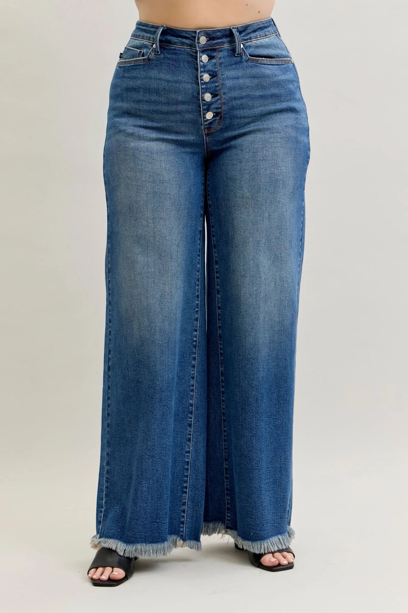 Judy Blue Jeans high waist button-fly straight leg denim with back welt pockets and frayed hems