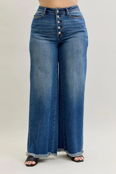 Judy Blue Jeans high waist button-fly straight leg denim with back welt pockets and frayed hems