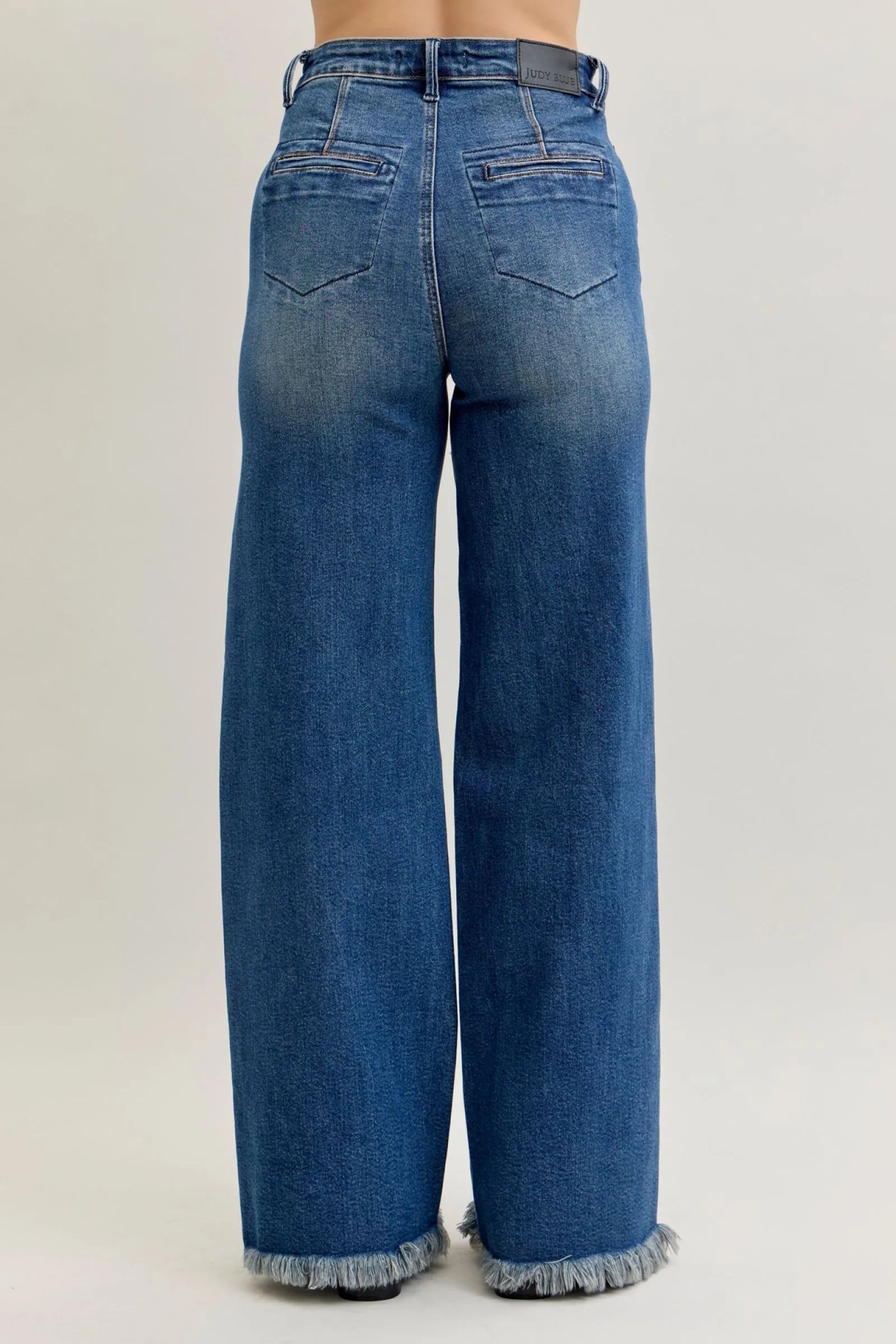 Back view of Judy Blue Jeans 881001 high waist straight leg denim jeans with button-fly and welt pockets