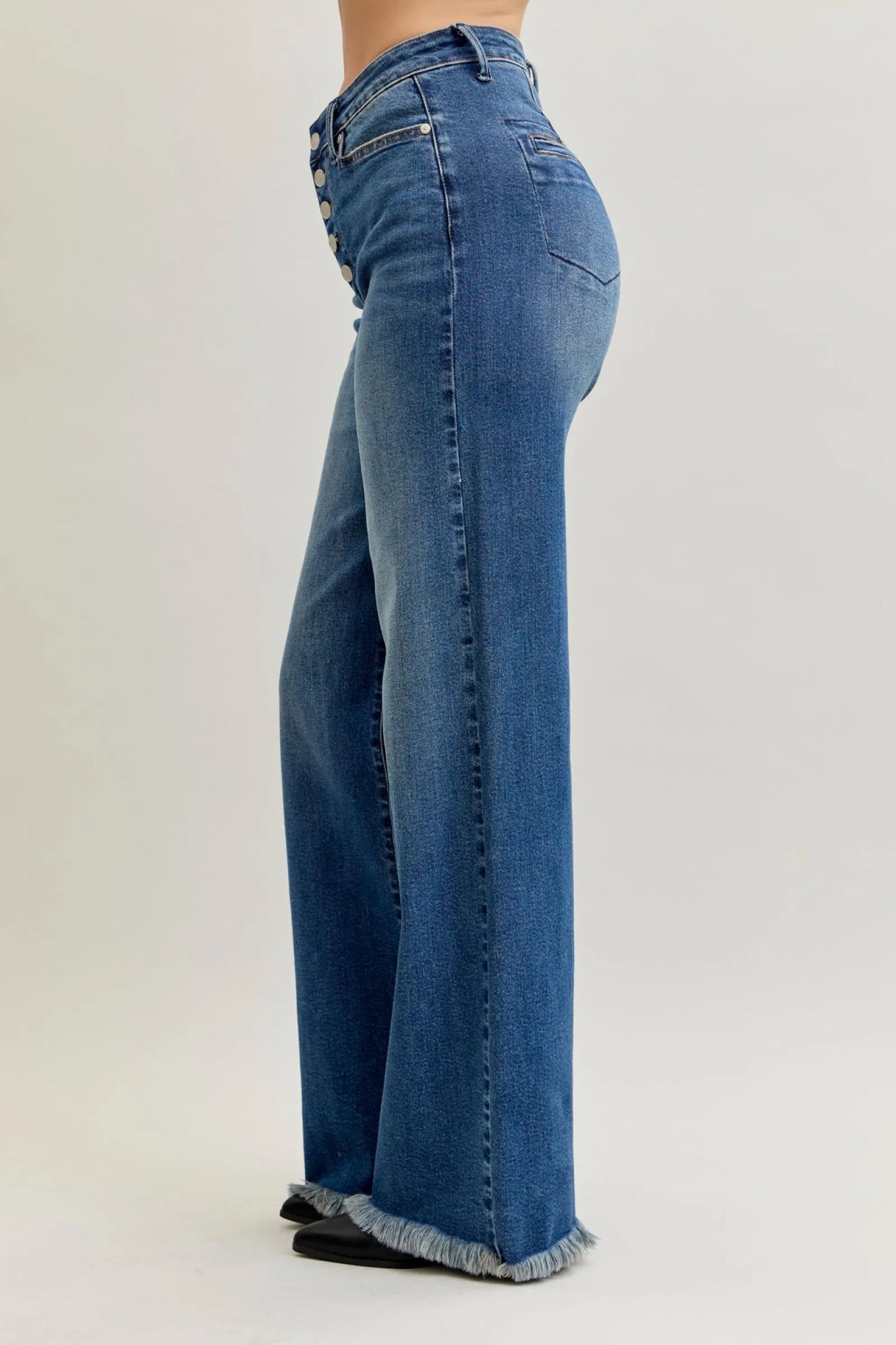 Judy Blue Jeans high waist column straight denim with button-fly and back welt pockets in medium blue wash