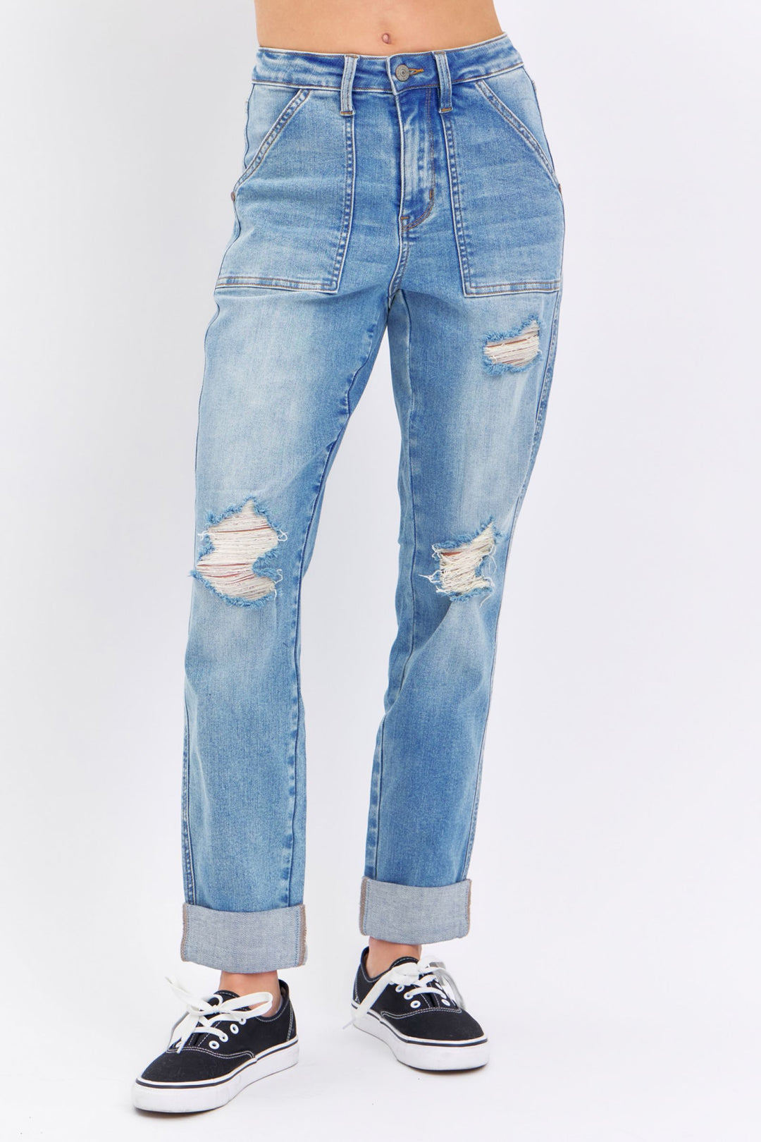 High rise distressed cuffed Judy Blue Jeans boyfriend fit with patch pockets in light wash denim