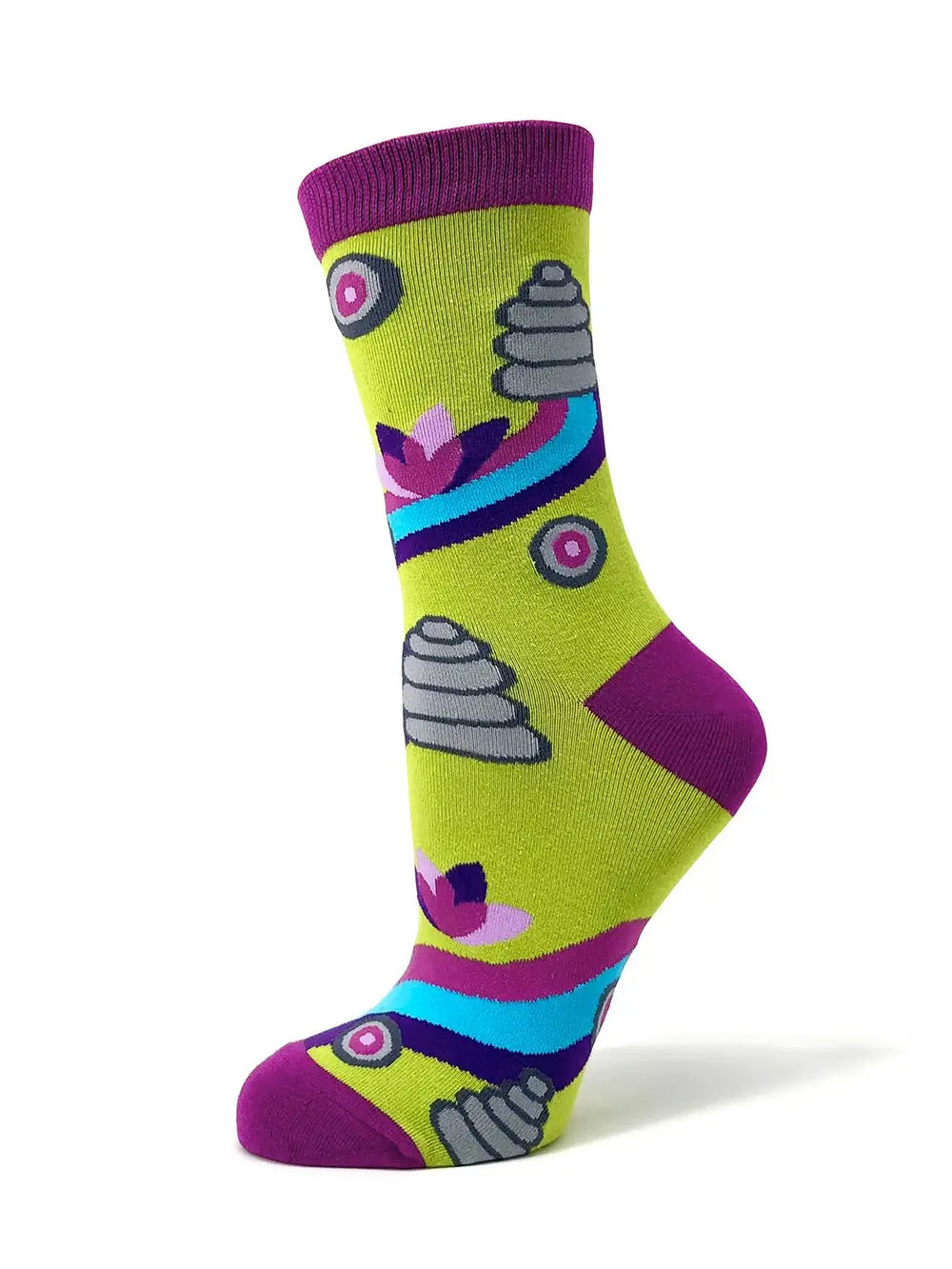 Colorful women's crew sock with purple accents and abstract Zen-inspired design, comfortable and stylish fit for shoe sizes 5 to 10.