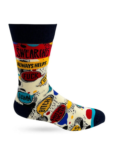 Men's novelty crew sock with colorful swear words and bold "Swearing Always Helps" text design
