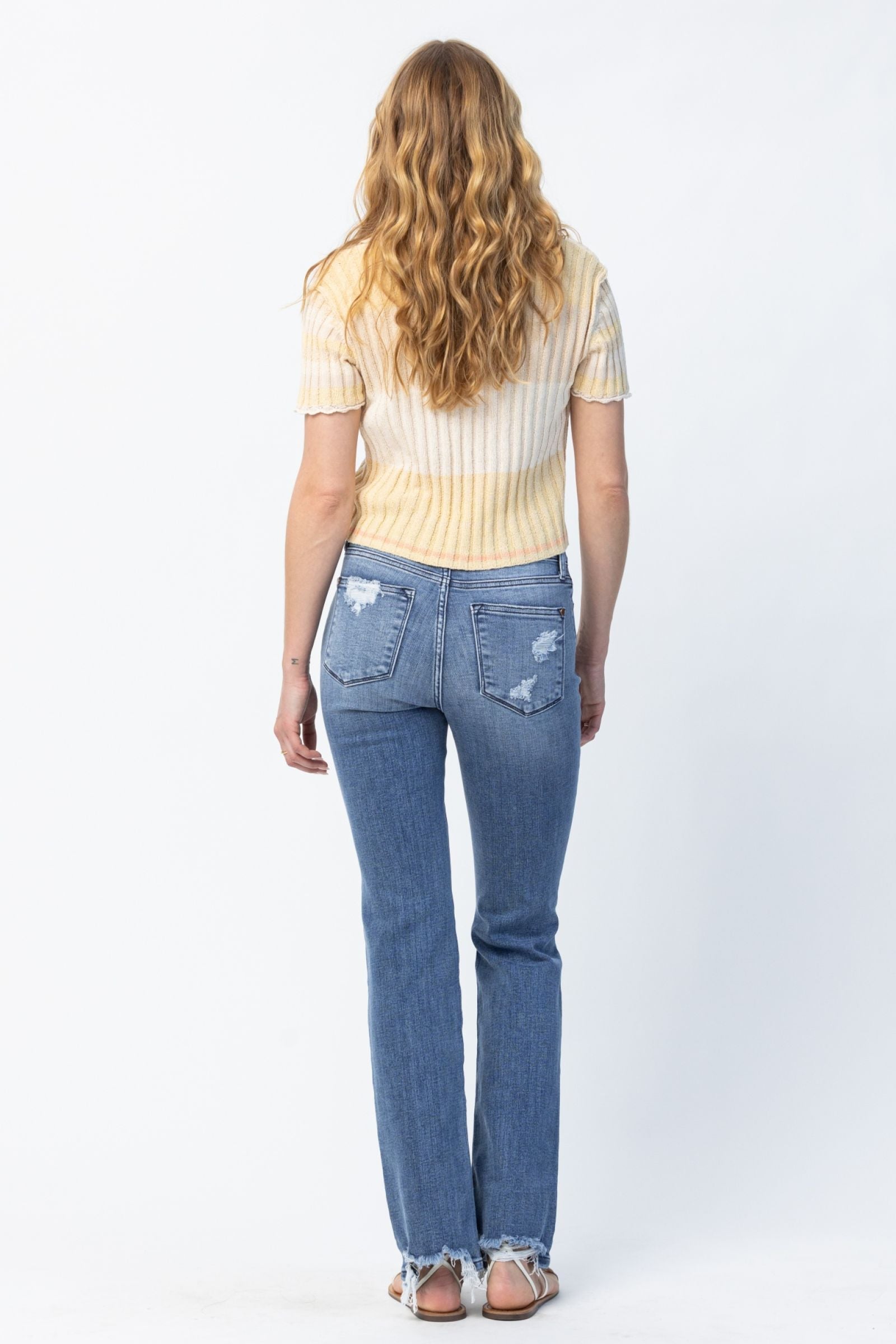 Judy Blue Jeans destroyed straight mid-rise with 9.75" rise and 32" inseam in cotton blend fabric