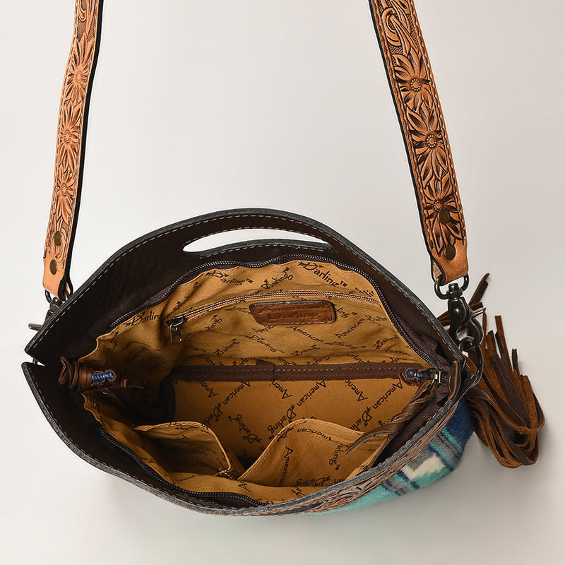 Interior view of American Darling Clutch Handbag ADBGS146P showing detailed hand-tooled leather strap, patterned fabric lining, and multiple compartments with zipper closure