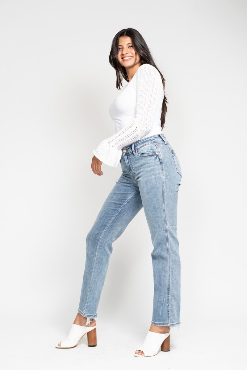 Judy Blue Jeans 82540 mid-rise cell phone pocket dad jeans with 10" rise and 32" inseam in cotton blend fabric