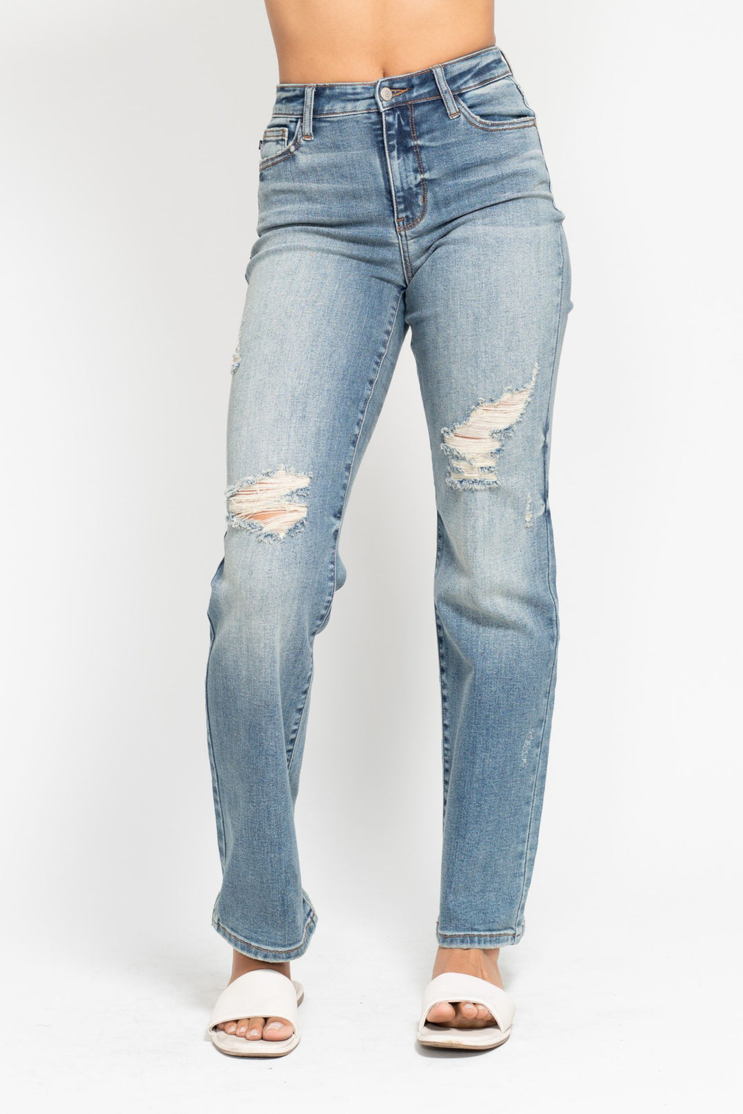 High waist dad straight Judy Blue Jeans 82641 with harsh tint and distressed detailing