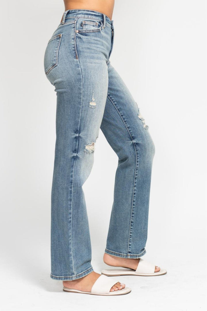 Judy Blue Jeans 82641 high waist dad straight distressed denim with harsh tint