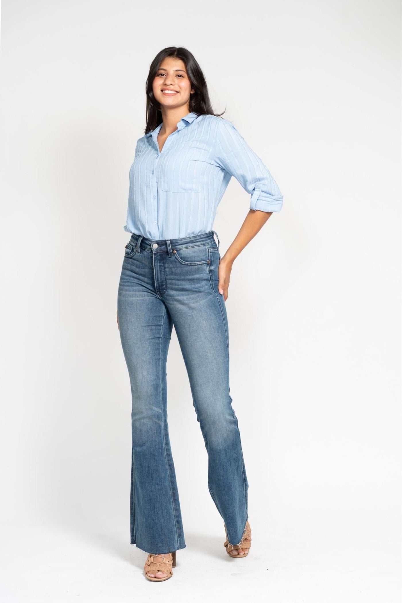 Judy Blue Jeans 88472 with midrise tummy control, vintage wash, cut hem flare, front view.