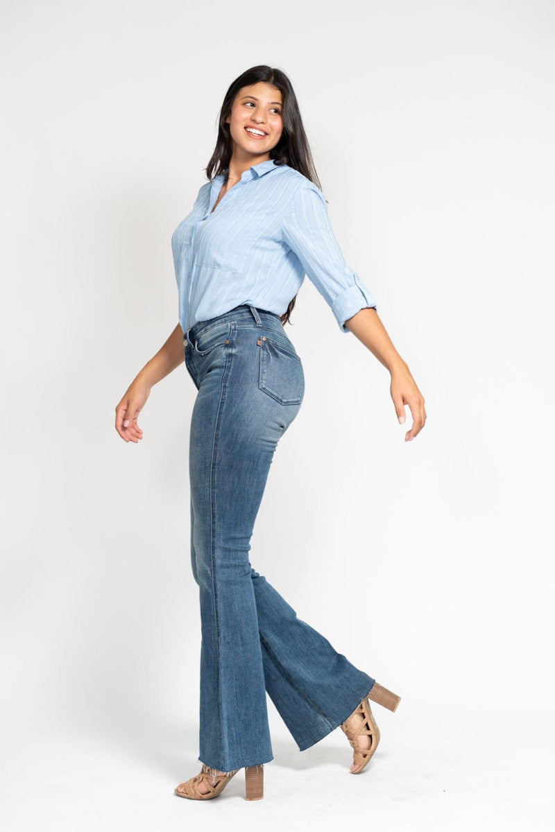 Judy Blue Jeans midrise tummy control vintage wash flare jeans with cut hem and 33.5" inseam