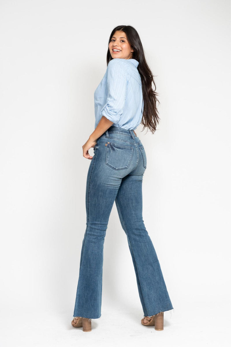 Judy Blue Jeans midrise tummy control vintage wash flare cut hem denim