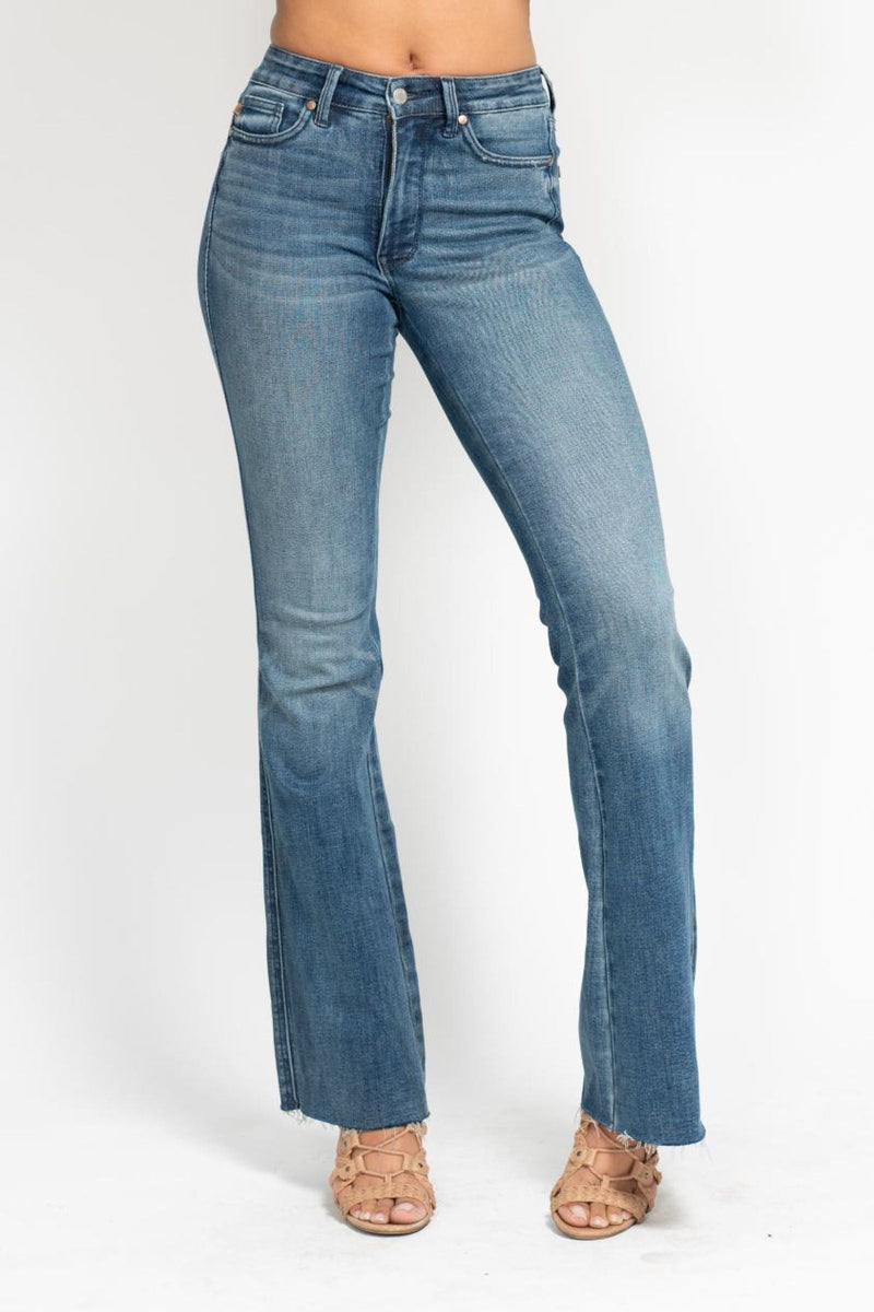Judy Blue Jeans midrise tummy control flare jeans in vintage wash with cut hem.