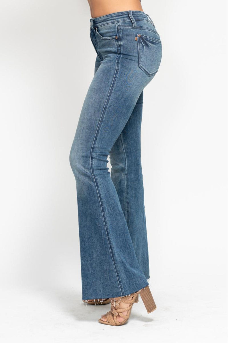 Judy Blue Jeans midrise tummy control vintage wash flare denim with cut hem and 33.5" inseam