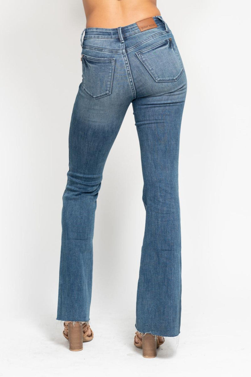 Judy Blue Jeans midrise tummy control vintage wash flare cut hem denim