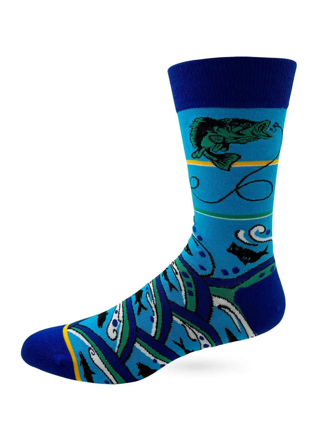 Men's novelty crew socks with "Women Want Me Fish Fear Me" fishing design in blue tones