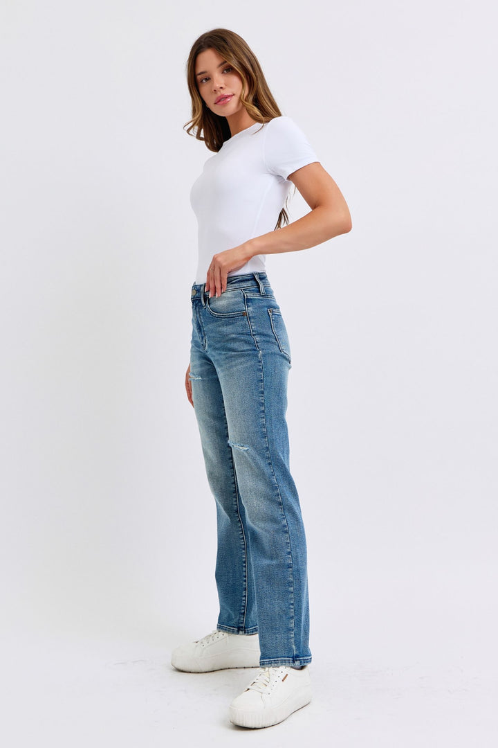 Judy Blue Jeans midrise contrast wash destroyed dad jeans in comfortable fit
