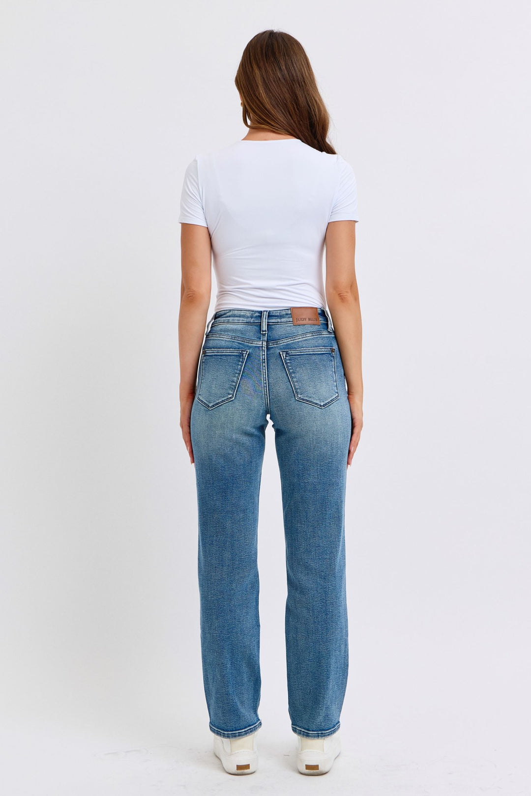 Judy Blue Jeans midrise contrast wash destroyed dad jeans showcasing comfortable fit and style