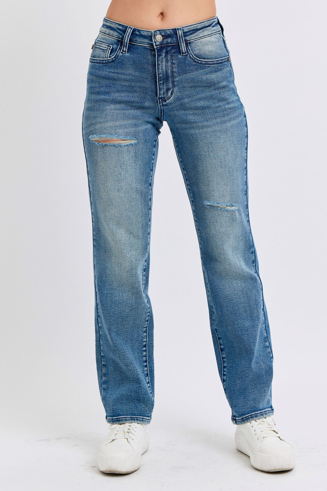 Judy Blue Jeans midrise contrast wash destroyed dad jeans in comfortable stretch fabric
