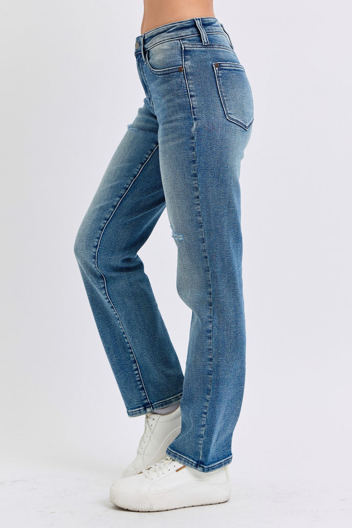 Judy Blue Jeans midrise contrast wash destroyed dad jeans with 32" inseam and comfortable fit