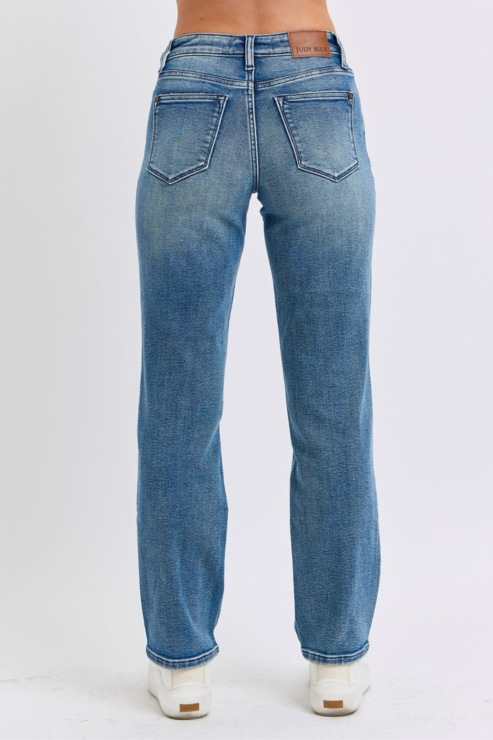 Judy Blue Jeans midrise contrast wash destroyed dad jeans for women modeled on 5&