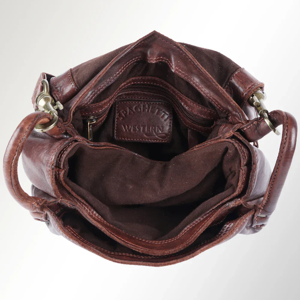 Spaghetti Western Crossbody Messenger Bag SWC156BRN made from premium leather, interior view.