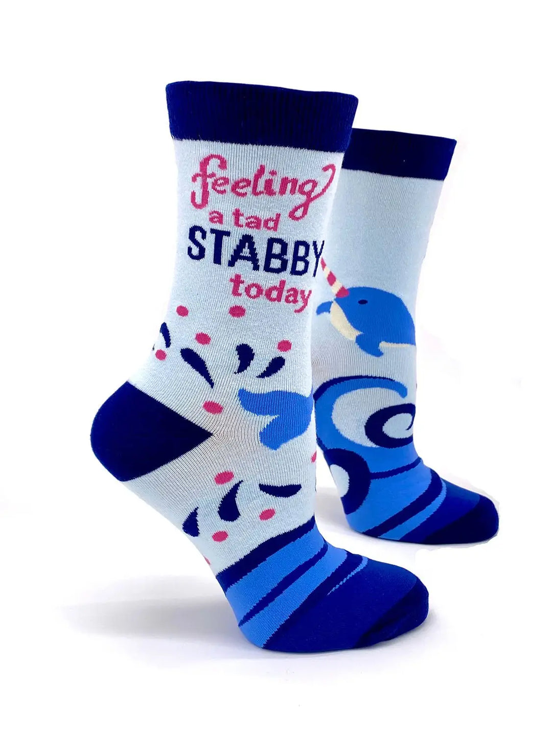 Narwhal women's crew socks with "Feeling a tad stabby today" text and moody narwhal design, blue and white colors, comfortable fit.