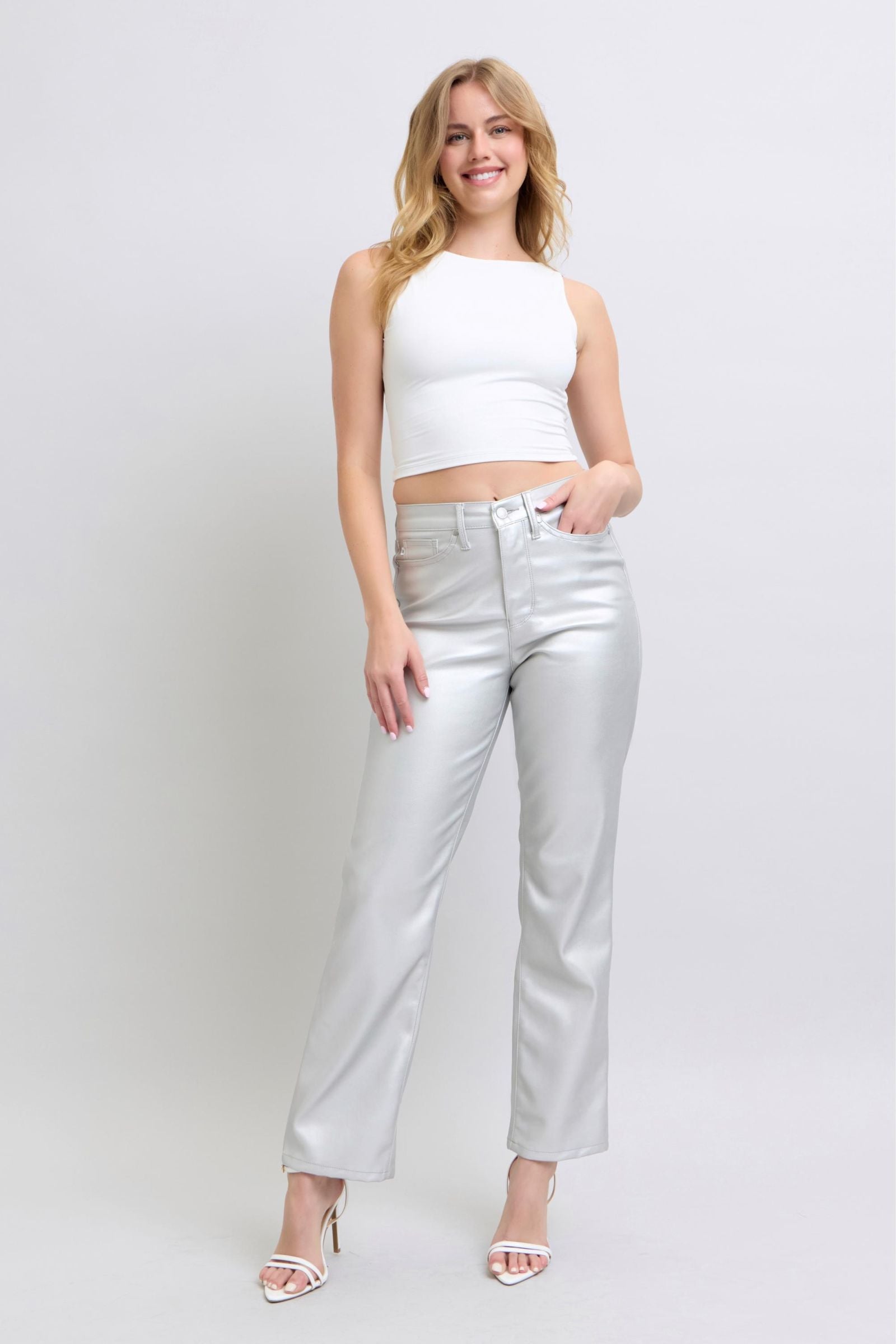 High-waisted metallic silver faux leather straight-leg pants with tummy control.