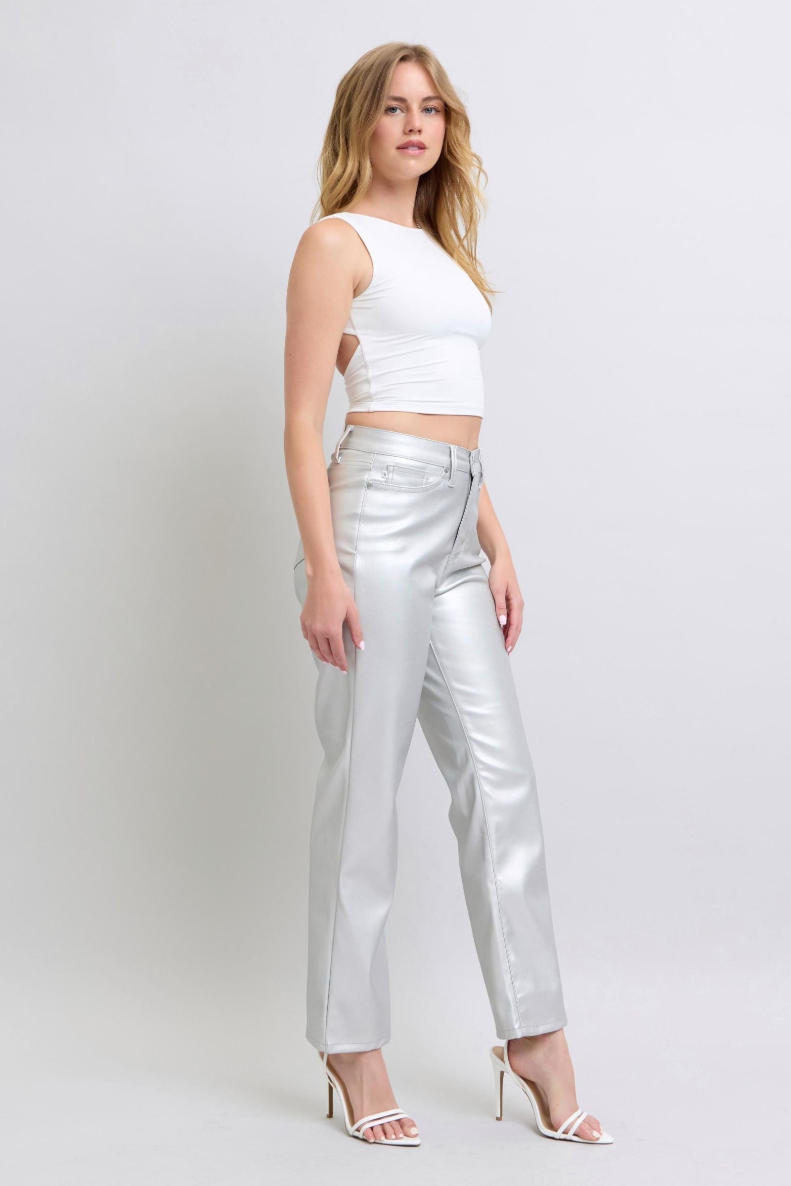 Judy Blue Jeans 88899 high-waisted metallic silver faux leather straight-leg pants.