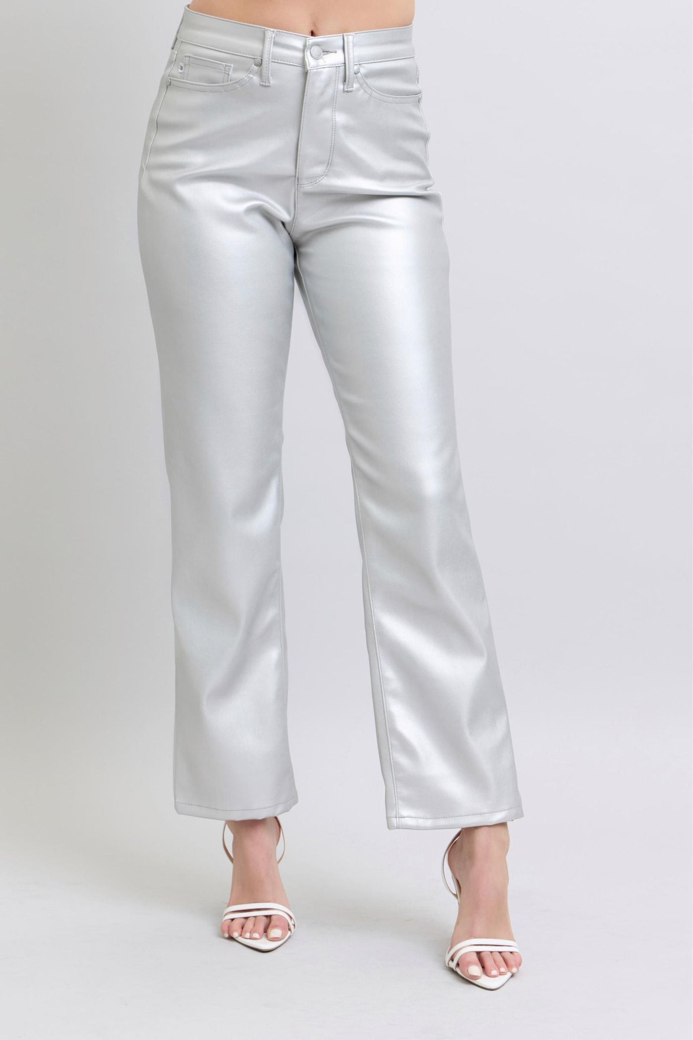 Judy Blue Jeans 88899, high-waisted metallic silver faux leather straight-leg pants.