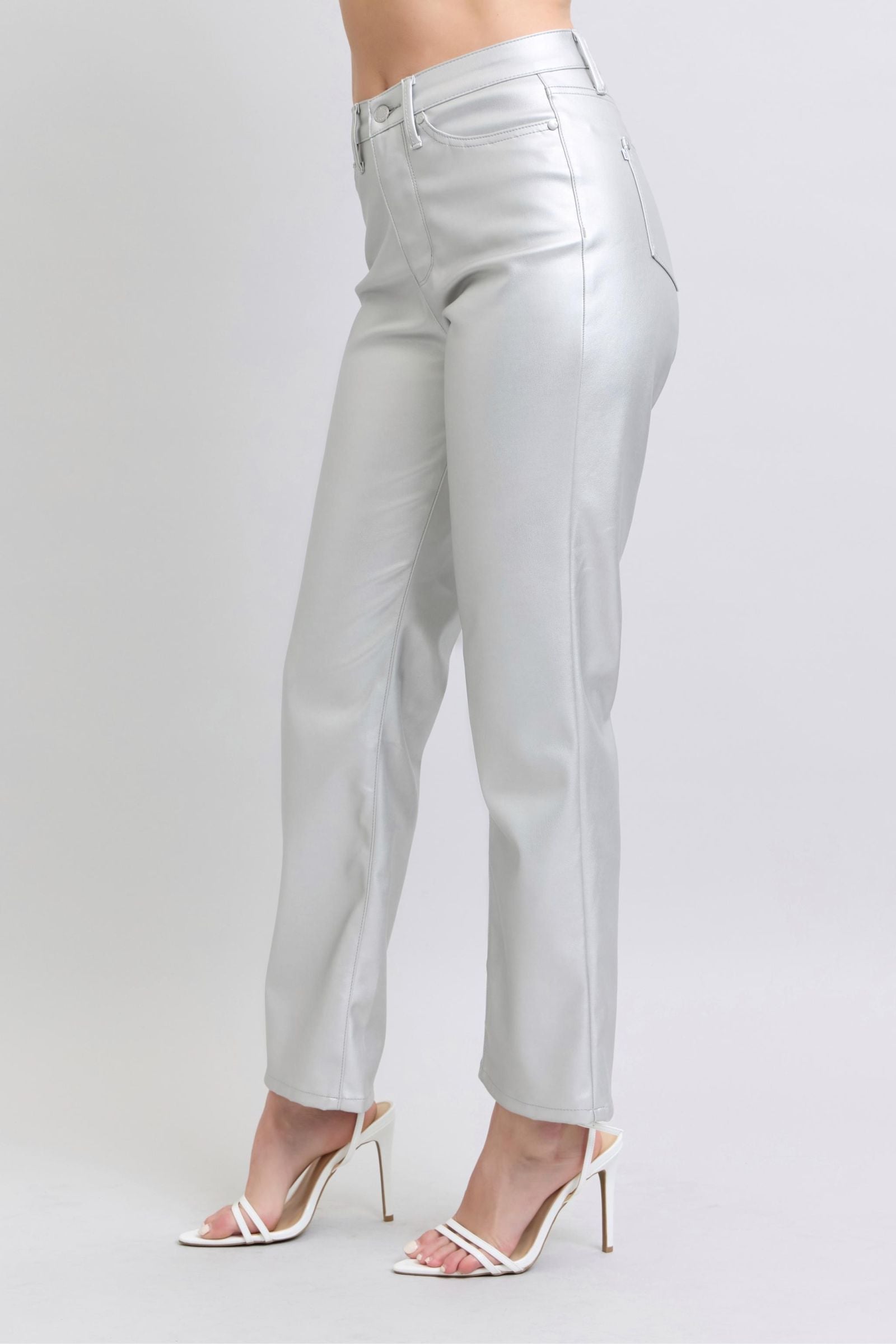 Judy Blue Jeans 88899 high-waisted metallic silver faux leather straight-leg pants.